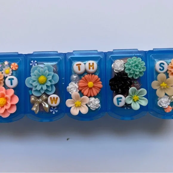 Hand Crafted Floral Weekly Pill Organizer - Blue, Orange, Yellow - Picture 3 of 5